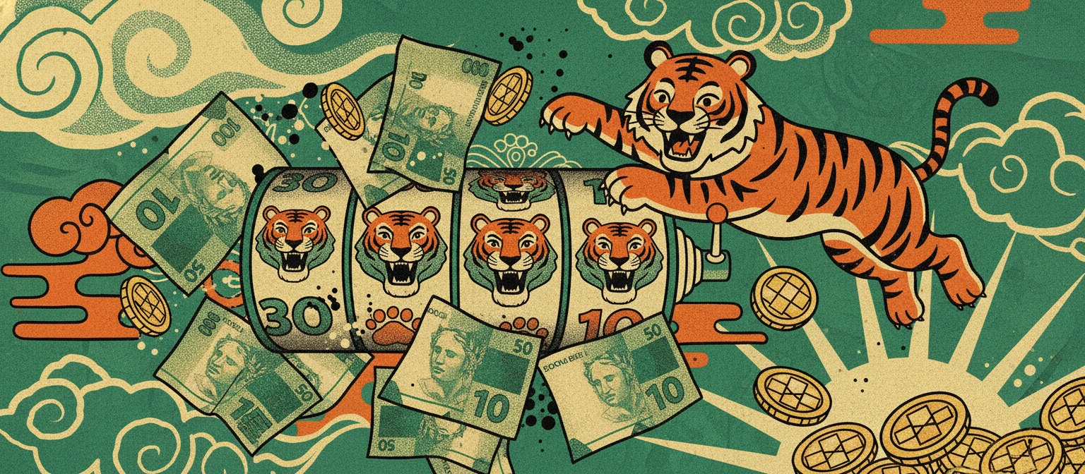 Notas de real ao lado de rolos do tigrinho com símbolos dourados
