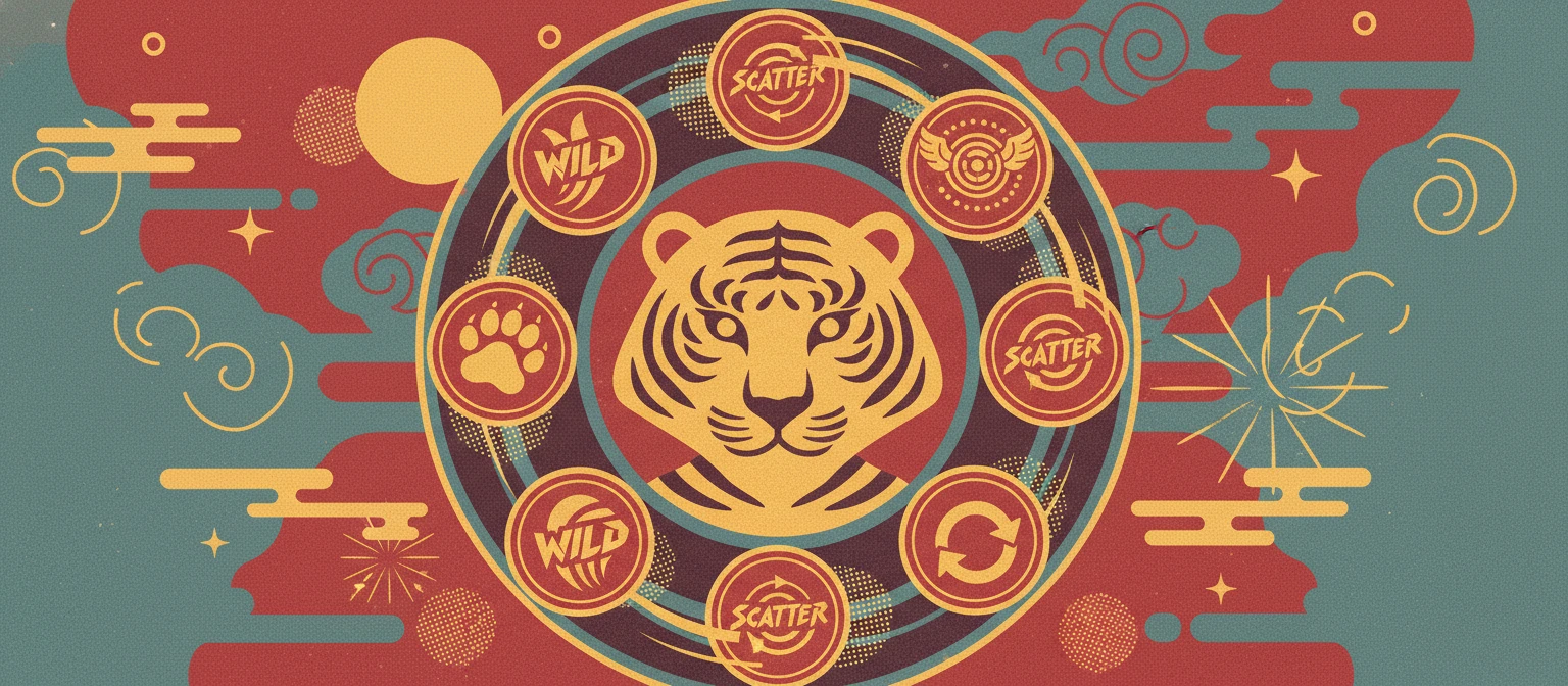 Símbolo do tigre dourado e wild aparecendo nos rolos do Fortune Tiger
