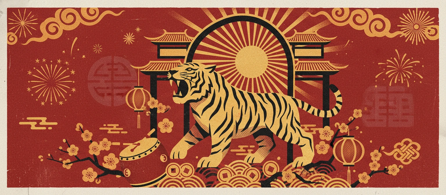 Tela do Fortune Tiger com tigre dourado e símbolos do Ano Novo Chinês